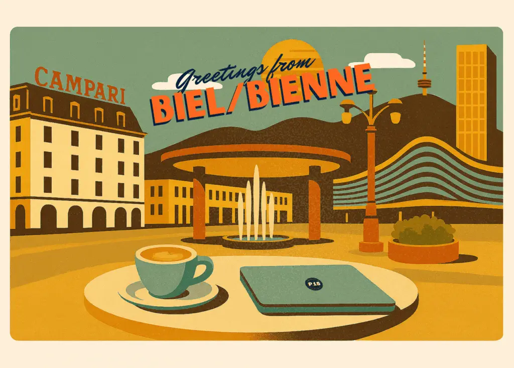 Retro-Illustration von Biel/Bienne mit Brunnen, Campari-Gebäude und P15-Notizbuch